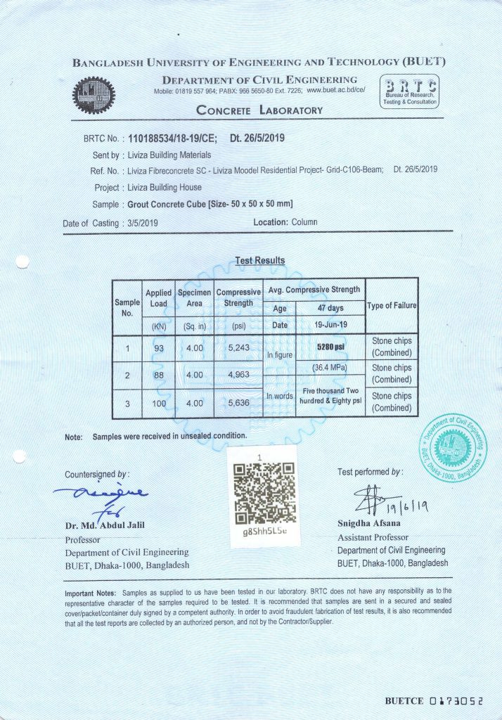 BUET Test Certificate for Concrete Cover Block