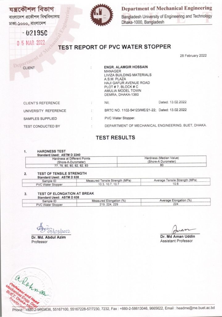 BUET Test Certificate for Water Stopper